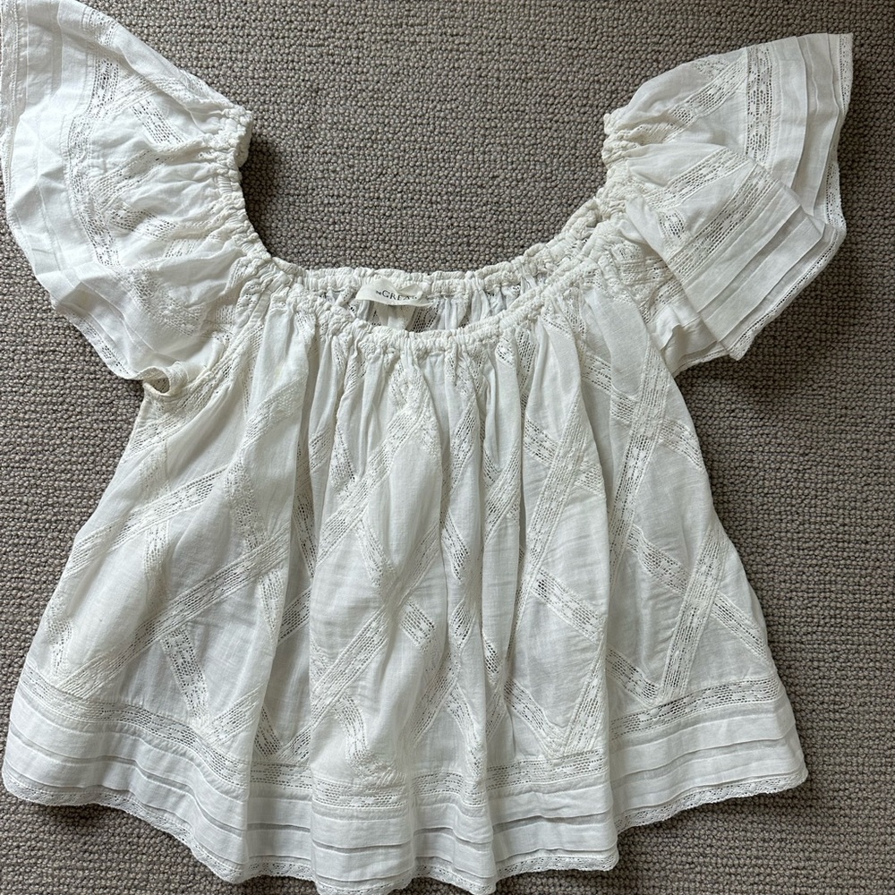 THE GREAT. White Smocked Puff Sleeve Blouse